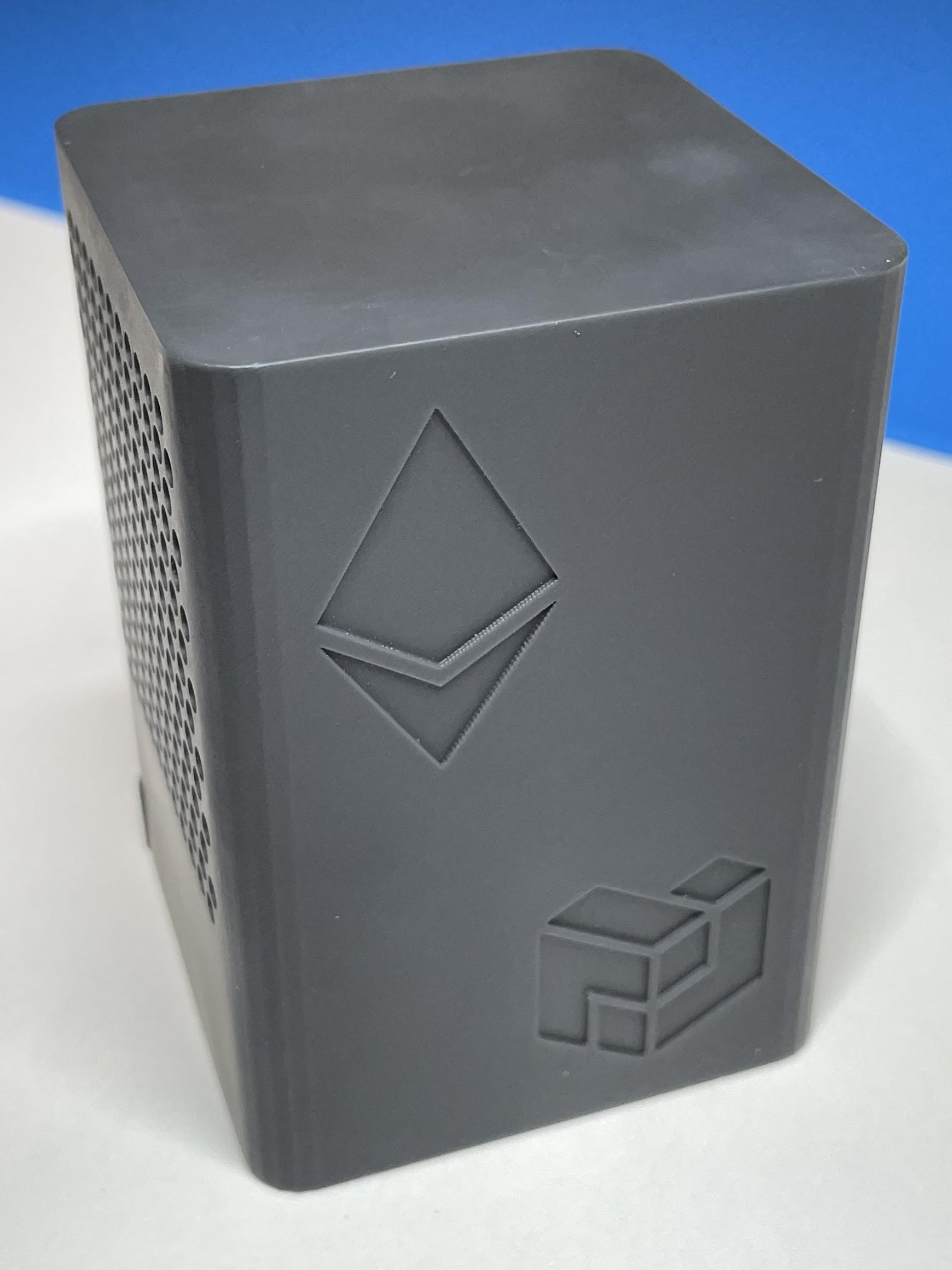 Prototype Supranational VDF evaluator in a black enclosure bearing Ethereum and Supranational logos.